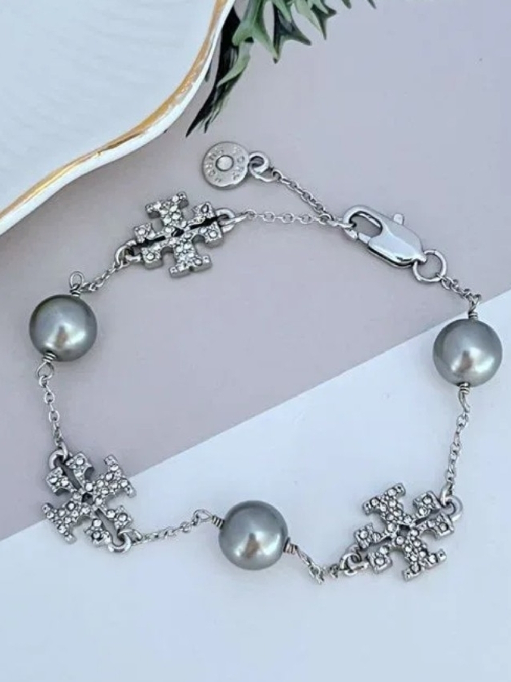 Tory Burch Silver-Tone Gray Pearl & Crystal Logo Bracelet